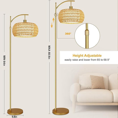 ZECOXOL Gold Floor Lamps for Living Room Rattan Boho Floor Lamp - Image 6