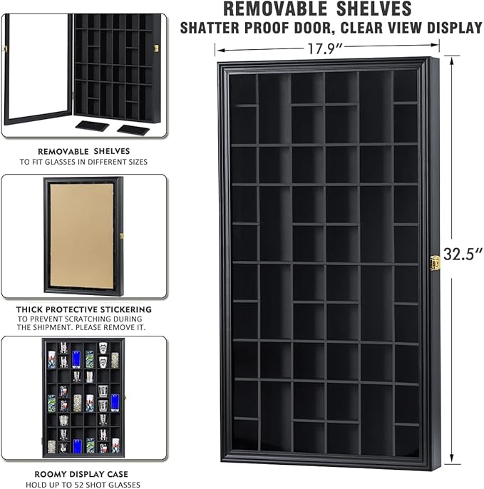 Shot Glass Display Case Large Wooden Cabinet Rack Holder Wall Mounted Black - Image 2