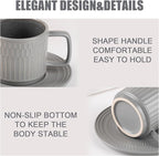 Large Cappuccino Cups with Saucers Set of 4, 8 Ounce Stackable Embossed Ceramic Coffee Mugs for Specialty Coffee Drinks, Latte, Cafe Mocha and Tea, Dishwasher & Microwave Safe (Grey)