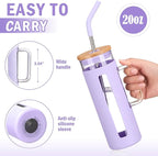 Kodrine Tumbler with Lid and Straw, 20 oz Glass Coffee Tumbler with Handle, Smoothie Cup with Bamboo Lid | Time Marker | Silicone Protective Sleeve, BPA Free - Purple