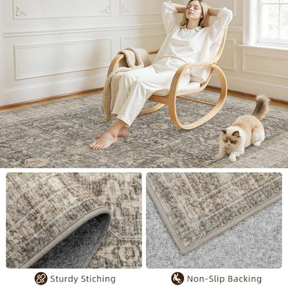 5x7 Area Rugs Living Room: Bedroom Washable Carpet Warm Taupe | Large Vintage - Image 4