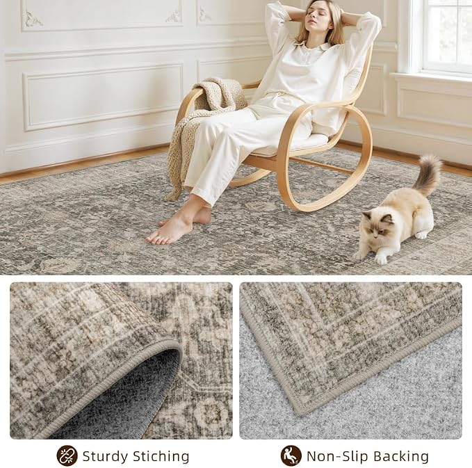 6x9 Area Rugs Living Room: Bedroom Washable Carpet Warm Taupe | Large Vintage - Image 4