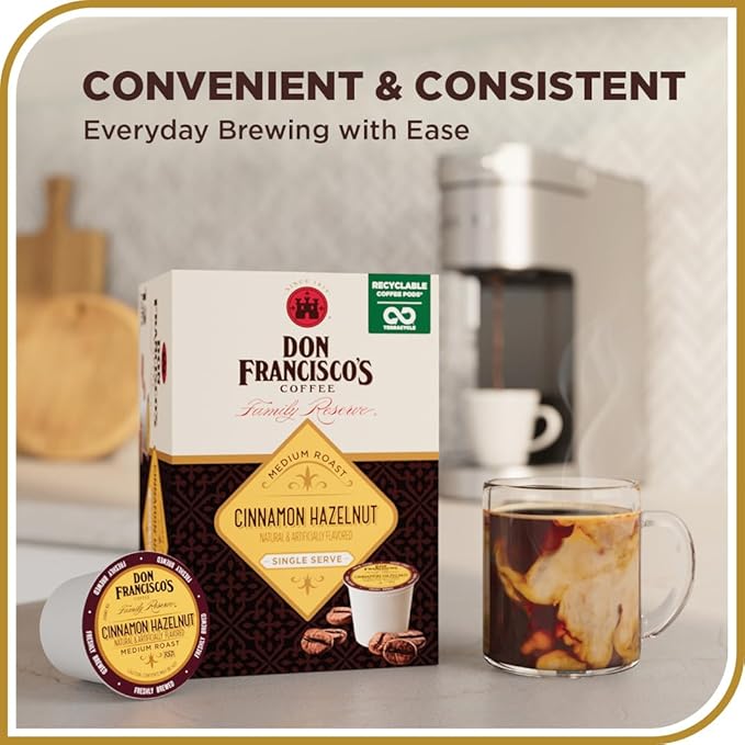 Don Francisco's Cinnamon Hazelnut Flavored Coffee - 72 K-Cup Compatible Single-Serve Pods - 100% Arabica - Compatible with Keurig Brewers