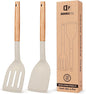 Pack of 2 Silicone Cooking Spatula, Heat Resistant Solid Turner, Non Stick Slotted Spatulas with Wooden Short Handle,Ideal Wood Kitchen Utensils Set for Frying, Baking, Flipping, Turning