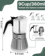 Grasseed Stainless Steel Moka Pot, Crystal Glass-top Coffee Maker Mocha Pot, Italian Stovetop Espresso Maker for Coffee - 9 Cup/360ml