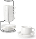 MALACASA 2.5 OZ Porcelain Espresso Cups with Saucers and Metal Stand Set of 4, Stackable Cappuccino Cups, White Expresso Shots Cup Set for Coffee Drinks, Latte, Tea