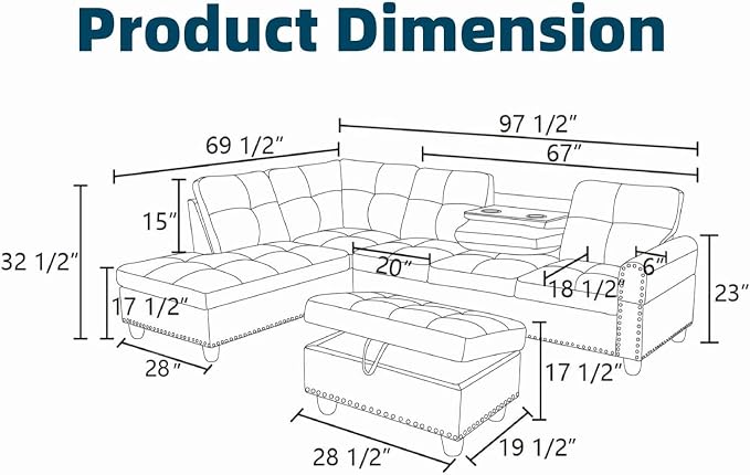 97.5" Leather L Shaped Couch Set Black, Modular Sectional Couches - Image 2