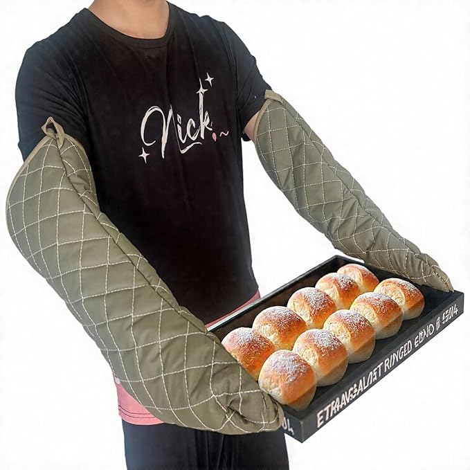 Extra Long 24 Inch Heat Resistant Oven Gloves New Cotton Oven Mitts Kitchen Gloves High Temperature Cooking Tool BBQ Gloves (24" Green, 24 Inch)