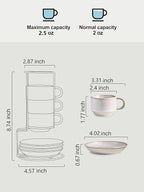 Gomakren 2.5 Ounce Espresso Cups Set of 4, Small Stackable Coffee Cups with Saucers and Metal Stand, Porcelain Demitasse Cups for Specialty Coffee Drinks, Espresso, Cappuccino, Latte, Tea, White