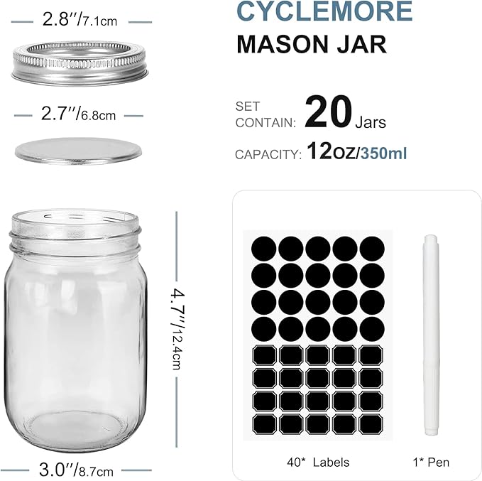 CycleMore 20 Pcs 12oz Glass Mason Jars With Silver Separable Lids, 350ml Round Canning Jars for Honey, Jam, Herb, Wedding Favor, Kitchen Storage Wide Mouth Bottles for Crafts, Meal Prep