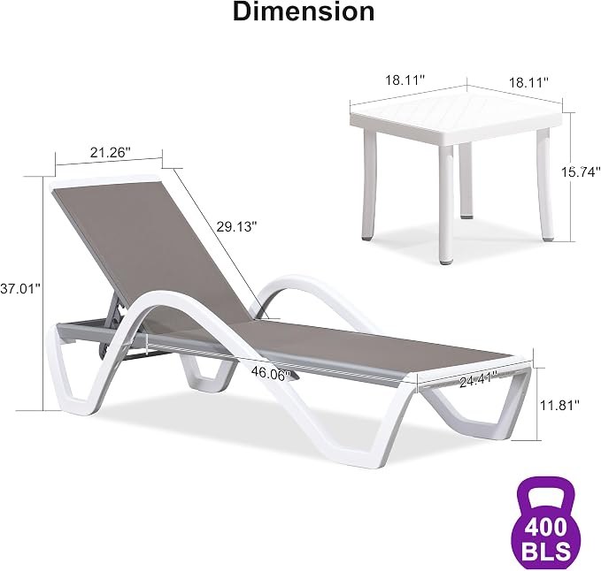 PURPLE LEAF Patio Chaise Lounge Chair Set of 3 Outside Aluminum Plastic - Image 2