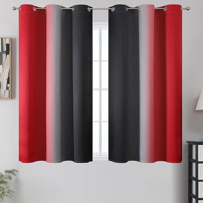 Red and Black Ombre Blackout Bedroom Curtains 54 Inch Long | Room Darkening - Image 2