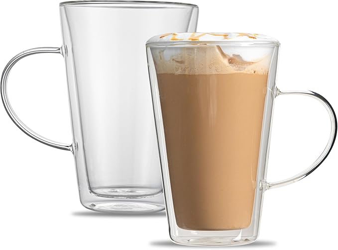 Restaurantware-Forma Professional 13.5 oz Double Wall Glass Mugs, 12 Insulated Coffee Mugs With Handle - Dishwashable, Reusable, Clear Glass Beverage Cups, Freezable, For Hot Or Cold Beverages