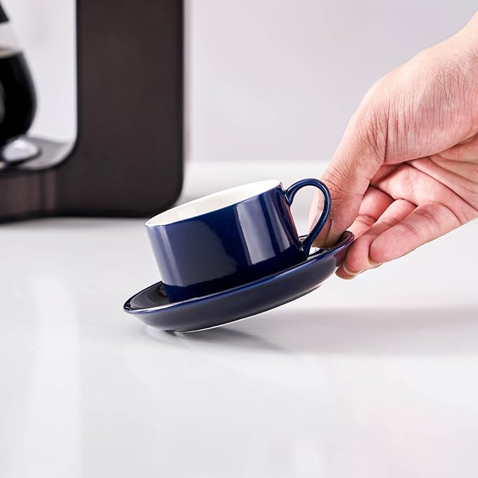 2.5oz Porcelain Stackable Espresso Cups with Saucers and Metal Stand Set of 4, Stackable Cappuccino Cups, Blue Expresso Shots Cup Set for Coffee Drinks, Latte, Tea
