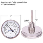 MEASUREMAN Fully Stainless Steel Pot, Kettle, Brewing Bimetal Thermometer, 3" Dial, 2-1/2" Stem, 0-250 deg F/-20-120 deg C, -1% Accuracy, Adjustable, 1/2" NPT Back Mount （2 Pack）
