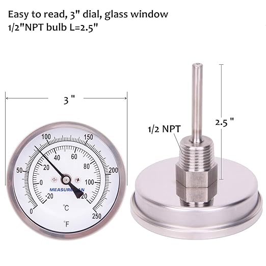 MEASUREMAN Fully Stainless Steel Pot, Kettle, Brewing Bimetal Thermometer, 3" Dial, 2-1/2" Stem, 0-250 deg F/-20-120 deg C, -1% Accuracy, Adjustable, 1/2" NPT Back Mount （2 Pack）