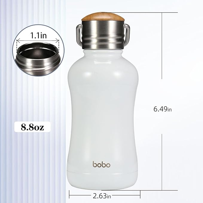YOHKOH Mini Insulated Water Bottle With Bamboo Lid - 8.8oz Small Vacuum Insulated Water Bottle for Women Kids, 12 Hrs Hot & 24 Hrs Cold Stainless Steel Thermos Leak-Proof BPA-Free (8.8oz,White)