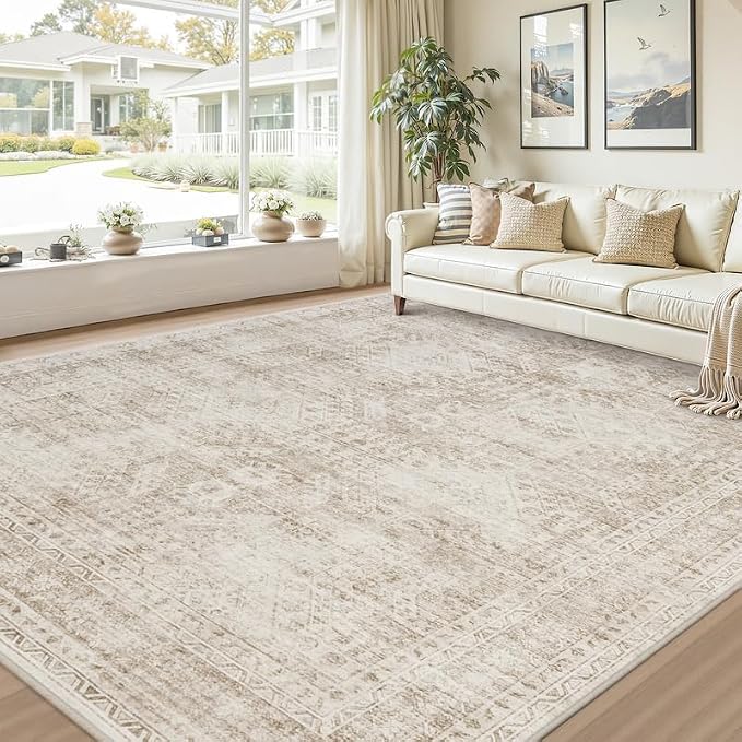 Area Rugs 9x12 Living Room: Bedroom Neutral Washable Carpet Brown | Vintage - Image 9