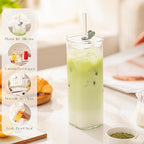 KEMORELA 6 Sets Glass Cups with Lids & Straws, Square Ribbed Drinking Glasses with Lids, Clear Highball Tumblers for Cocktail, Coffee, Juice, Beer, Modern Mixed Drinkware Jars