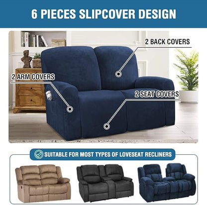 H.VERSAILTEX Velvet Stretch Recliner Couch Covers 6-Pieces Recliner Loveseat - Image 2