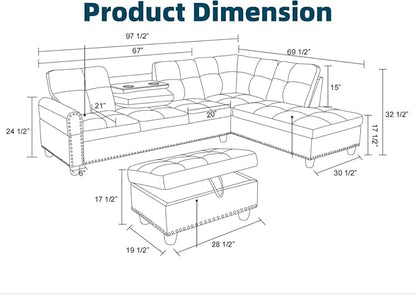 97.5" L Shaped Couch Set Leather, Modular Sectional Couches - Image 2