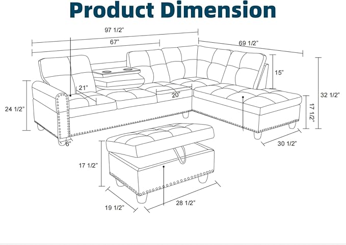97.5" L Shaped Couch Set Linen, Modular Sectional Couches - Image 2