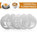 4Pieces Stainless Steel Milk Frothing Pitcher Set, Latte Art Barista Steaming Pitchers Set -Include Milk Frother Cup, Latte Art Pen, Powder Shaker, 5pcs Coffee Decorating Stencils (600ml/20oz)