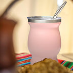 Beruth Bombilla Yerba Mate Gourd, 8oz Stainless Steel Tea Cup Set with a Multifunctional Lid, Two Straws and Cleaning Brushes, Double Walled Coffee Mug Heat Insulation Anti Scalding （Peachy Pink）