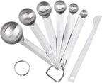 Upgrade Stainless Steel Measuring Spoons Set, Small Tablespoon, Teaspoons, Set 6 with Bonus Leveler, Etched Markings and Removable Clasp for Dry and Liquid, Fits in Spice Jars