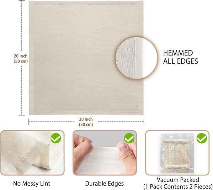 Olicity Cheese Cloths, 2PCS, Double-Layer, 20x20Inch, Reusable Grade 90 Cheese Cloth Bag for Straining, Hemmed Unbleached Cotton Precut Fine Mesh Muslin Cheesecloth for Juicing, Butter, Canning