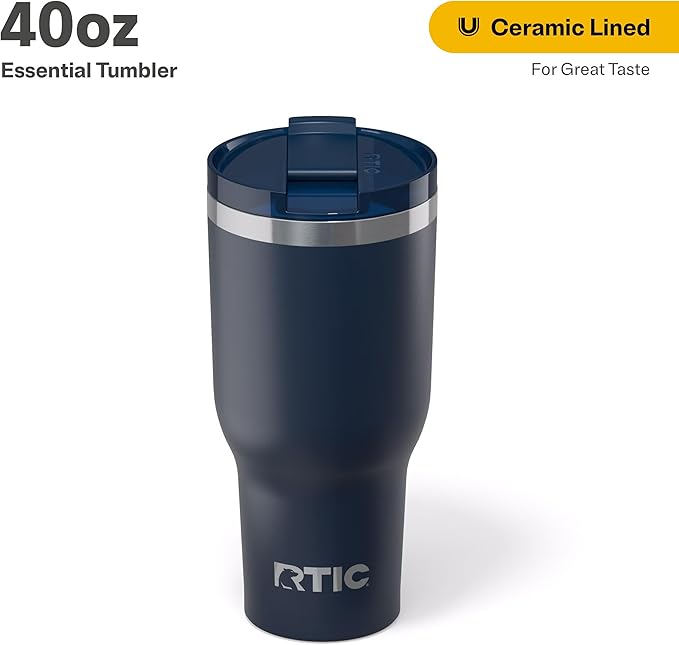 RTIC 40oz Essential Tumbler with Lid, Insulated, Stainless Steel, Metal, Double Wall Vacuum-Insulation, Ceramic Lined, Travel Cup for Iced Coffee, Tea, Hot and Cold Drink, Navy