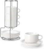 MALACASA 8 OZ Porcelain Espresso Cups with Saucers and Metal Stand Set of 4, Stackable Cappuccino Cups, White Expresso Shots Cup Set for Coffee Drinks, Latte, Tea
