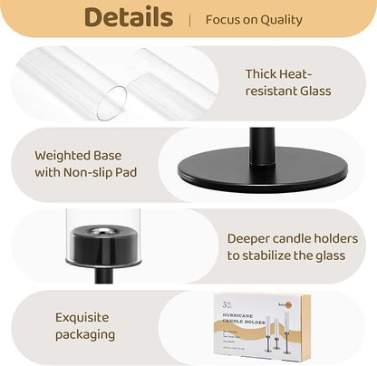 Black Hurricane Glass Candle Holders Set of 3, Tall Metal Taper Candle Stick - Image 3