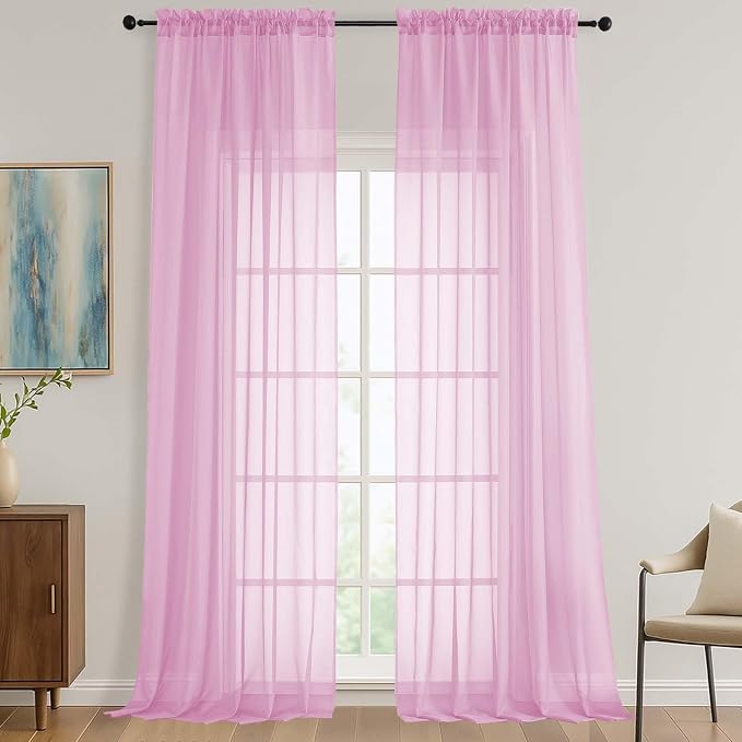 Sheer Light Pink Curtains 108 Inches Long 2 Panels Set, 59 Inch Extra Wide by OVZME