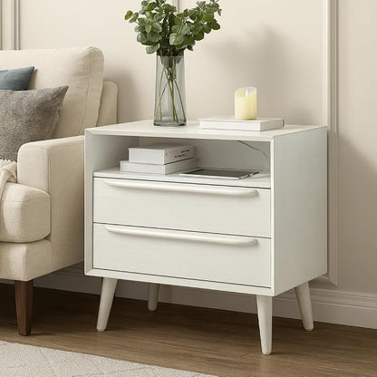 HULALA HOME End Table with Charging Station, Mid-Century Modern 2 Drawer and by HULALAHOME