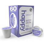 happy coffee dark roast coffee pods, 60 count, notes of cocoa & contentment, compatible with most K-cup brewers, rainforest alliance certified