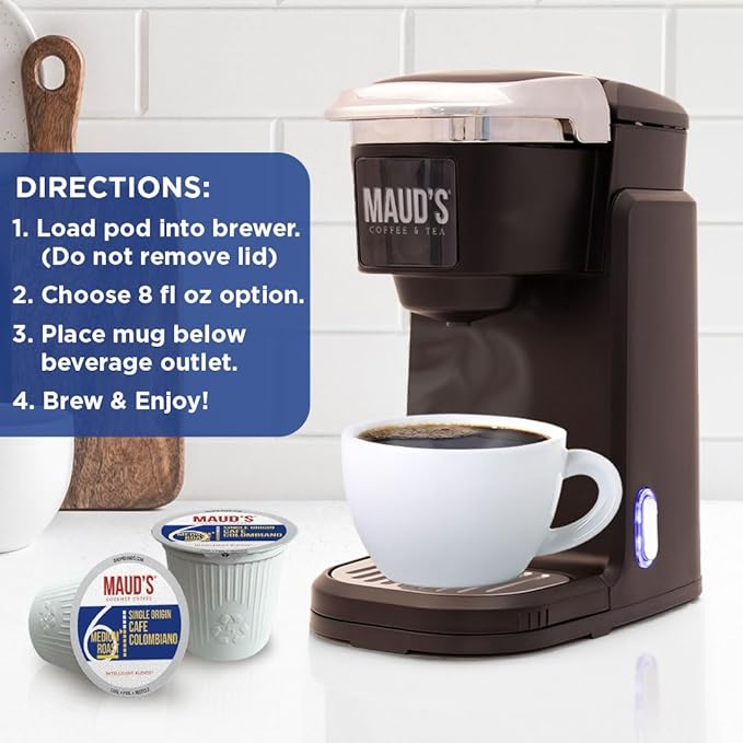 Maud's Columbian Coffee Pods, 50 ct, Single Origin, Medium Roast Coffee in Recyclable Single Serve Pods – 100% Arabica Coffee, Compatible with Keurig K Cups Maker