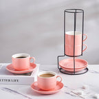 YOLIFE 8oz Porcelain Stackable Cappuccino Cups with Saucers and Metal Stand Set of 4, Coffee cups for Espresso, Specialty Coffee Drinks, Latte, Americano and Tea - Pink