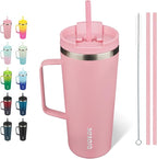 BJPKPK Insulated Tumbler with Handle, 22oz Insulated Tumblers with Lid and Straw, Stainless Steel Metal Water Bottles, Coffee Travel Mugs, Cups, Light Pink