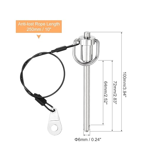 uxcell 1 Pcs Quick Release Pin, 6x64mm/1/4" x 2.52"(Dia. x L) Push-Button Ball Locking Pin 304 Stainless Steel Ring Handle Locking Pin with Wire for Audio Bimini Top Marine, Silver