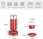 2.5oz Porcelain Stackable Espresso Cups with Saucers and Metal Stand Set of 4, Stackable Cappuccino Cups, Red Expresso Shots Cup Set for Coffee Drinks, Latte, Tea