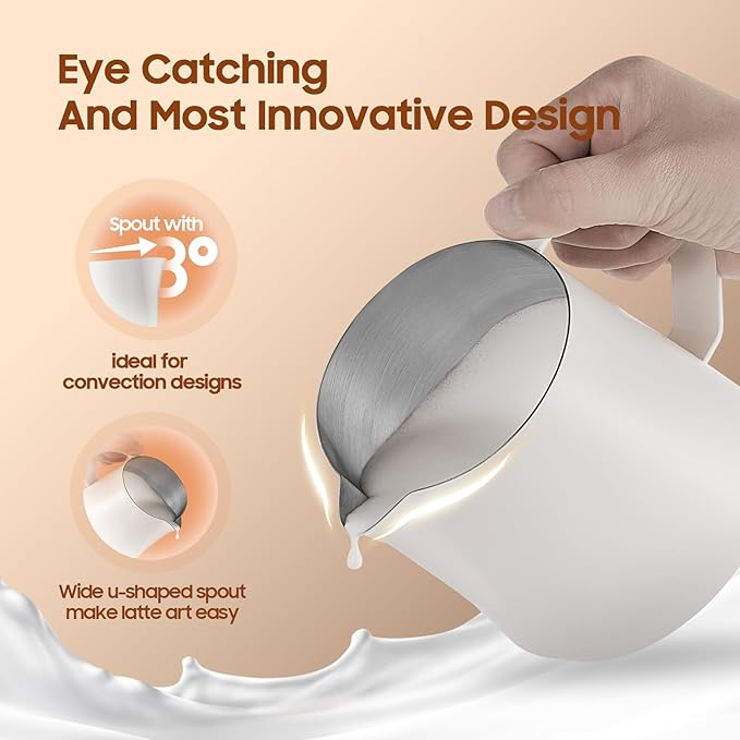 MHW-3BOMBER Milk Frothing Pitcher - 20oz/600ml Milk Frother Cup with U-Shaped Spout - SUS 304 Steaming Pitcher - Cappuccino Latte Art Cup for Barista - Quadrilateral Body - Cream White P5181-OS