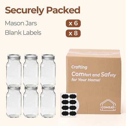 ComSaf 24 oz Mason Jars Regular Mouth 6 Pcs, Large Canning Jars with Seal Bands, 24 oz Glass Jar with Lid for Jams, Sauces, Juice, Coffee, Pickling, Fruit, Dessert, Kitchen Storage