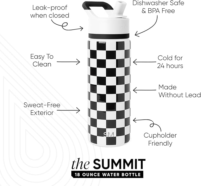 Simple Modern Kids Water Bottle with Straw Lid | Vacuum Insulated Stainless Steel Metal | Reusable Leak Proof BPA-Free Thermos for School | Summit Collection | 18oz, Black and White Checkmate
