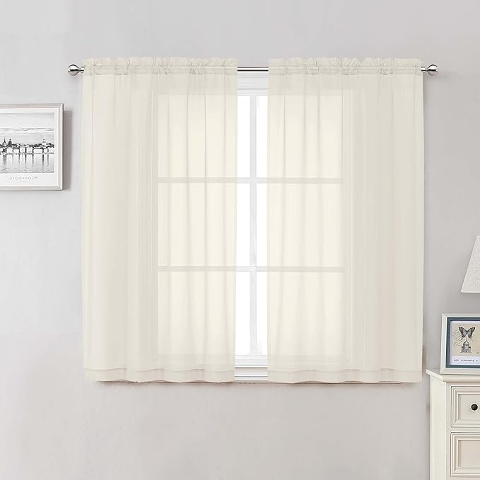 Cream Sheer Curtains 48 Inch Length 2 Pcs, Rod Pocket Light Filtering Voile by Lecloud