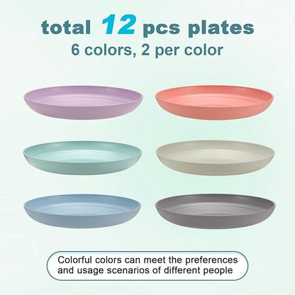 12 Pcs Unbreakable Deep Dessert Plates Set, 8 inch Reusable Plastic Wheat Straw Plates, Microwave and Dishwasher Safe Plate for Kitchen, Lightweight Plate for Dessert, BPA Free, 6 Colors
