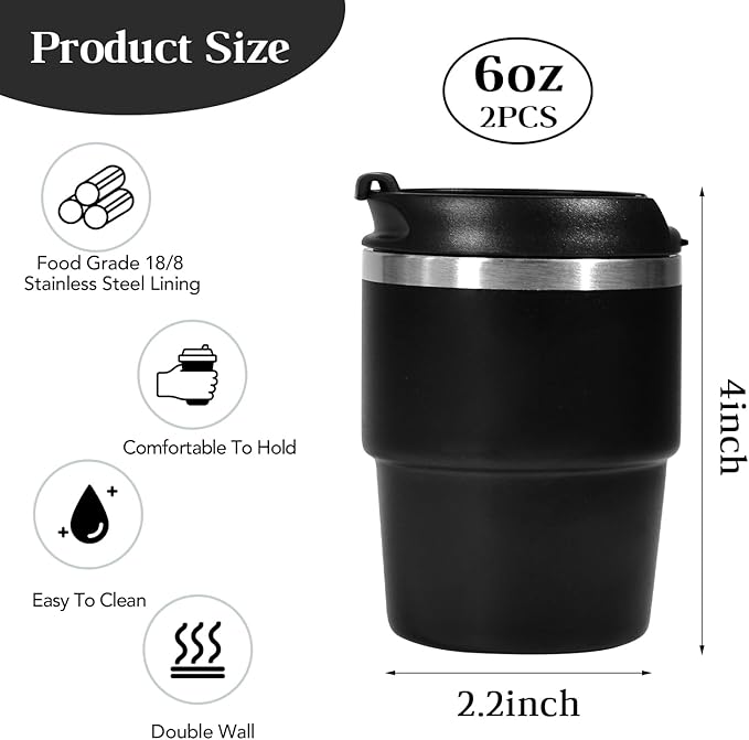 6oz Vacuum Insulated Espresso Cup Set of 2, Espresso Shot Cup for Coffee, Double Wall Stainless Steel Mini Tumbler Shot Glasses with Lid