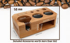 Espresso Tamping Station With Tools - 58mm - Includes Coffee Tamper, Distributor, Dosing Funnel & Brush - Wooden Coffee Tamper Station - Espresso Organizer & Portafilter Holder