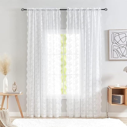 YJ YANJUN Vintage Lace Curtains 90 Inches Long- Elegant Floral White Sheer - Image 2