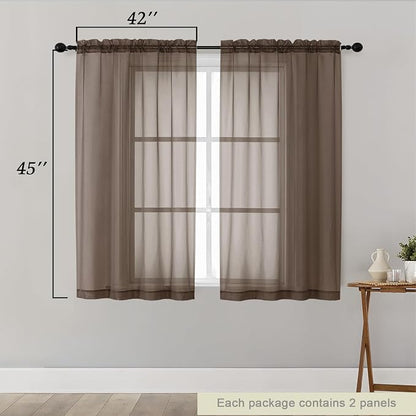 Chocolate Sheer Curtains for Bedroom Living Room 45 Inch Length 2 Panels - Image 2
